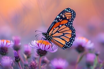 Obraz premium A detailed view of a monarch butterfly on a wildflower , free space for text --ar 3:2 --stylize 750 --v 6 Job ID: cb87856c-a0ee-4dd1-a50f-e545a4f2a93a