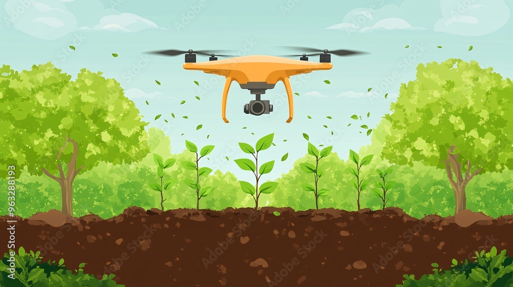 Poster drone flying low over a clear-cut area with seedlings being dropped onto the ground trees beginning 