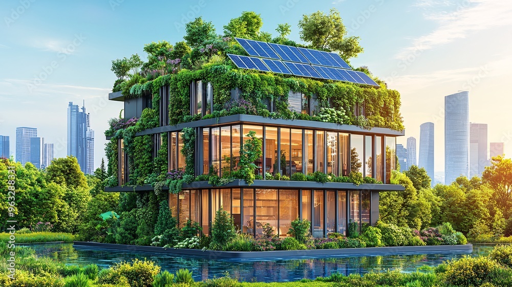 Poster vertical garden on a futuristic building with lush greenery covering the walls solar panels on the r