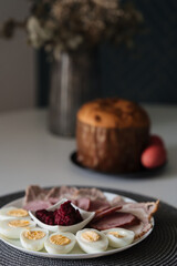 Easter. Easter cake and Easter eggs on a plate. Traditional Ukrainian Easter food. Christian holiday.
