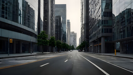 Close up clean empty road on modern office of city building buildings. AI generated image.
