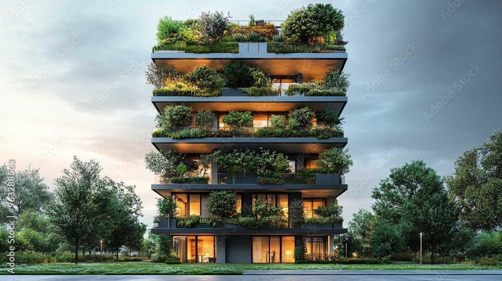 Poster Modern city building with vertical garden systems and solar panels integrated into the design Flat design Vector look Digital art Large space for text in center Stock Photo with copy space
