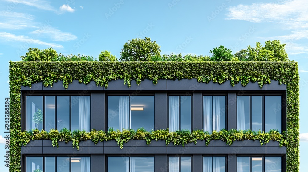 Aufkleber green building with glass windows and green vines growing up the walls rooftop garden visible flat d
