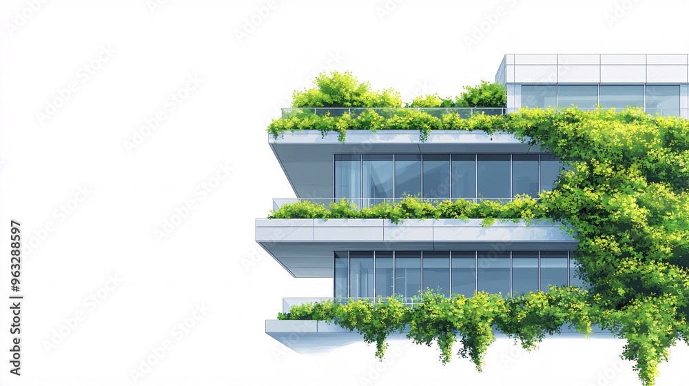 Aufkleber green building with glass windows and green vines growing up the walls rooftop garden visible flat d