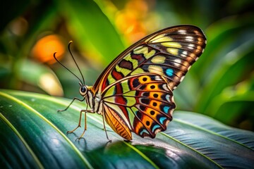 Tropical butterfly on large leaf with intricate patterns, macro photography, neutral background, moody lighting, bold and bright color scheme, exotic concept.