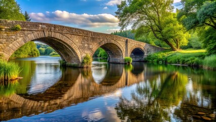 Fototapeta premium Stone bridge crossing over a tranquil river , Stone, bridge, river, water, architecture, ancient, landmark, crossing