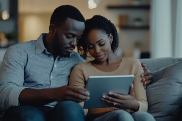 Fototapeta premium Couple relaxing together at home with tablet in modern living room