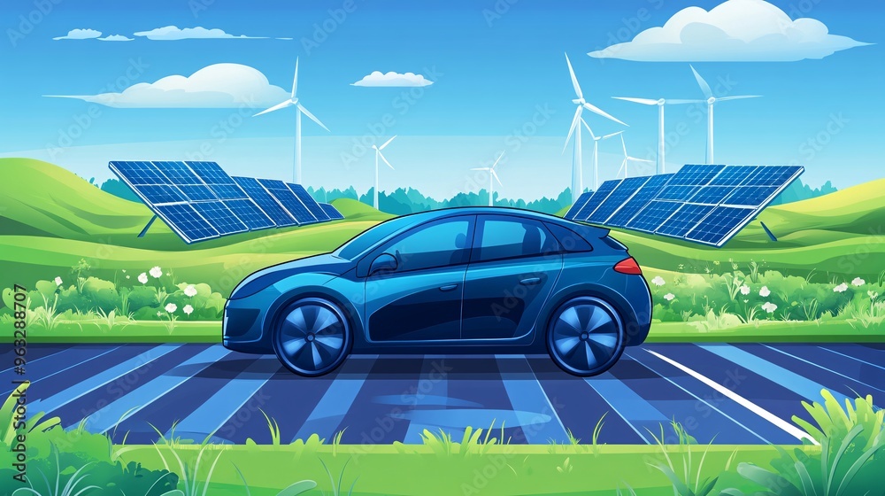 Aufkleber solar-powered car driving on an open road with solar panels along the highway and wind turbines in t