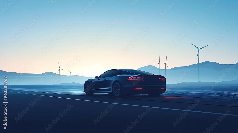 Aufkleber solar-powered car driving on an open road with solar panels along the highway and wind turbines in t
