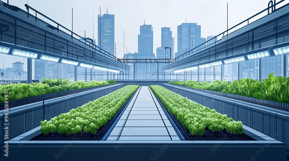 Leinwandbilder urban farming on a city rooftop with smart irrigation system controlling water and light for the cro