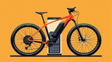 Fototapeta premium Electric bike parked near a charging station with solar panels in the background eco-friendly transportation Flat design Vector look Digital art Large space for text in center Stock Photo with copy
