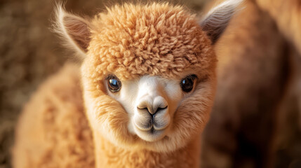 Cute Alpaca Portrait With Soft Fur And Big Eyes