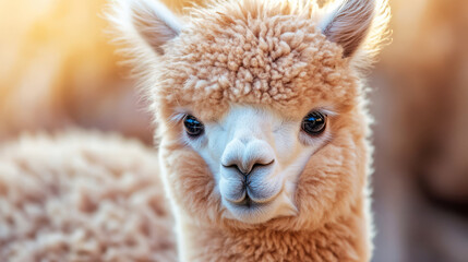 Close-Up Portrait Of A Cute Alpaca With Fluffy Brown Fur And Big, Expressive Eyes.