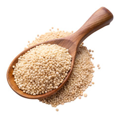 White quinoa grain on wooden spoon isolated on transparent background