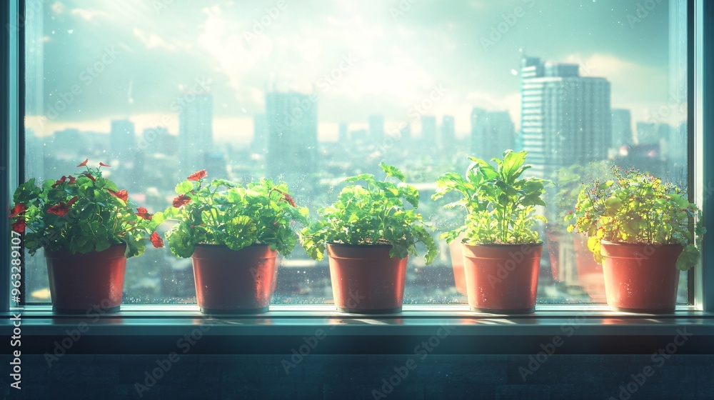 Poster Urban farming on a city rooftop with smart irrigation system controlling water and light for the crops Flat design Vector look Digital art Large space for text in center Stock Photo with copy space