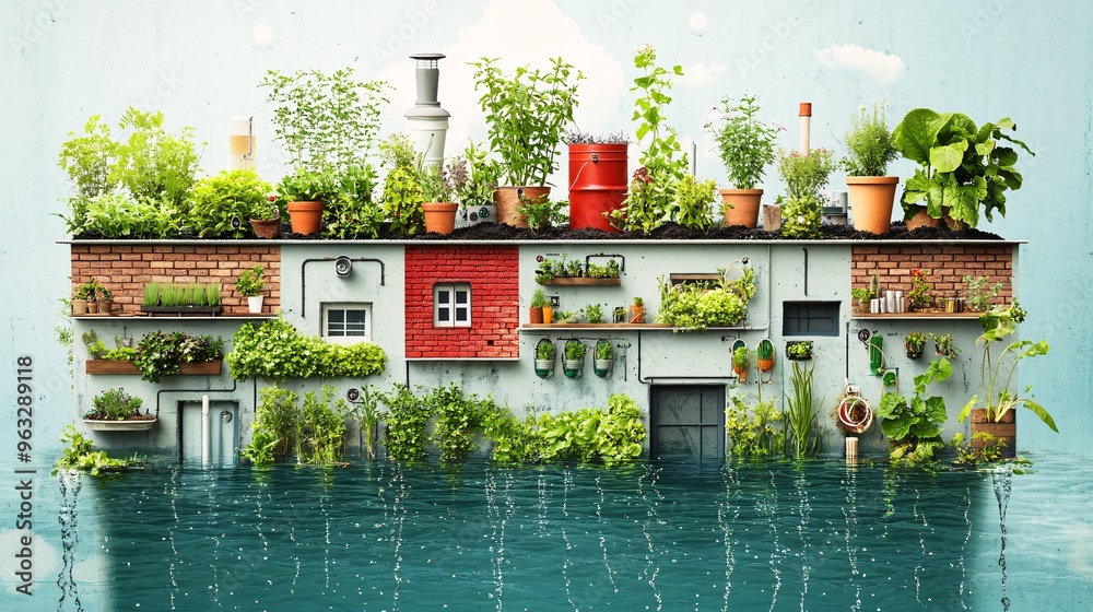 Poster Urban farming on a city rooftop with smart irrigation system controlling water and light for the crops Flat design Vector look Digital art Large space for text in center Stock Photo with copy space