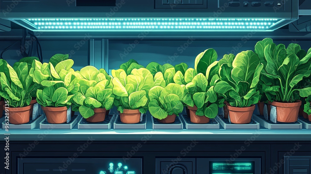 Aufkleber High-tech urban farm with rows of plants growing under controlled light and sensors monitoring their growth Flat design Vector look Digital art Large space for text in center Stock Photo with copy