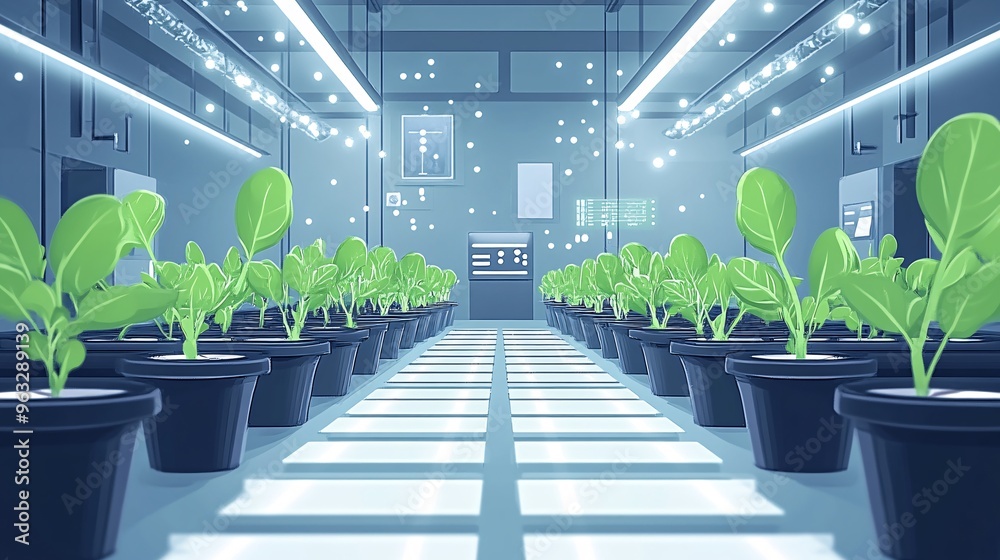 Poster High-tech urban farm with rows of plants growing under controlled light and sensors monitoring their growth Flat design Vector look Digital art Large space for text in center Stock Photo with copy