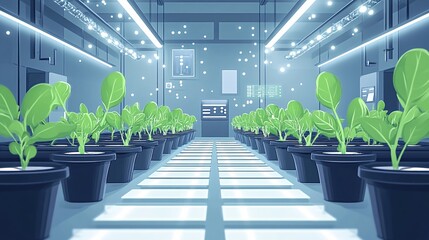 High-tech urban farm with rows of plants growing under controlled light and sensors monitoring their growth Flat design Vector look Digital art Large space for text in center Stock Photo with copy
