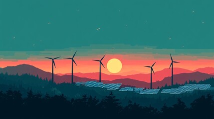 Wind turbines spinning on a hill under a clear sky with solar panels lined up in the valley below Flat design Vector look Digital art Large space for text in center Stock Photo with copy space