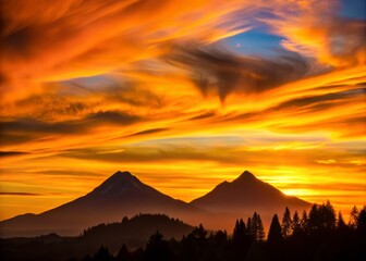 Twin peaks silhouette against warm sunset with wispy clouds and subtle gradient