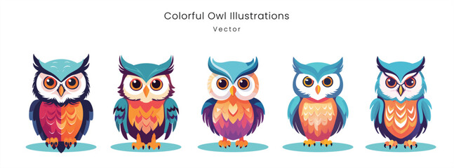 Naklejka premium Colorful Owl Vector Set with Abstract Design