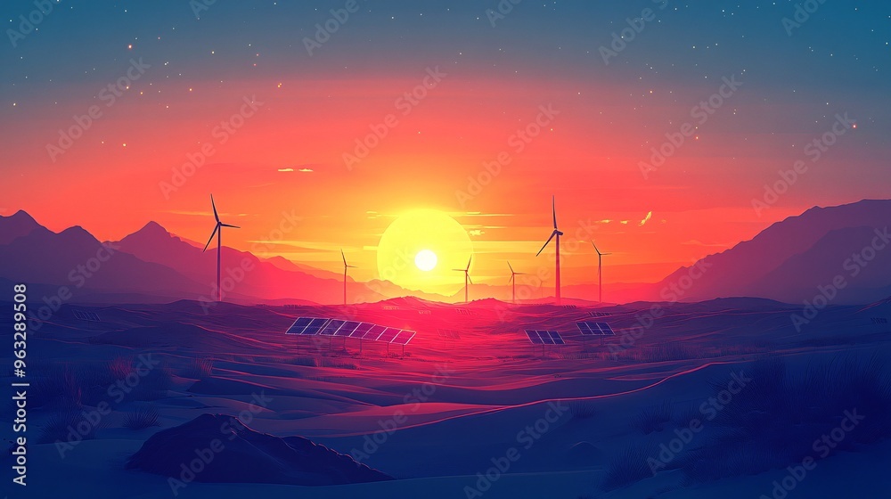 Poster Large solar farm spread across the desert with wind turbines in the background generating clean energy Flat design Vector look Digital art Large space for text in center Stock Photo with copy space