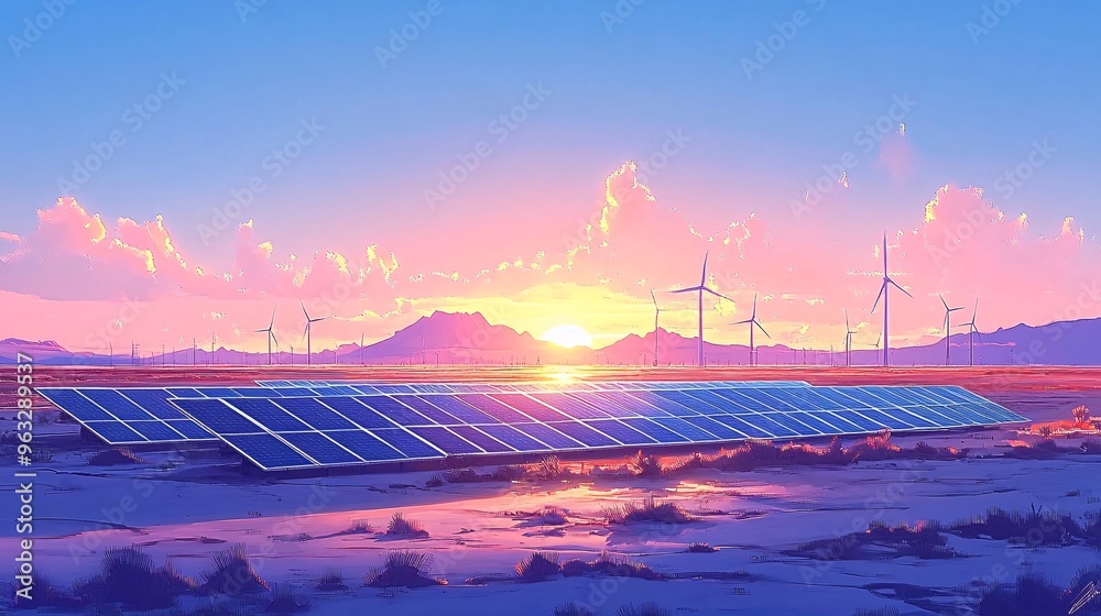 Aufkleber Large solar farm spread across the desert with wind turbines in the background generating clean energy Flat design Vector look Digital art Large space for text in center Stock Photo with copy space