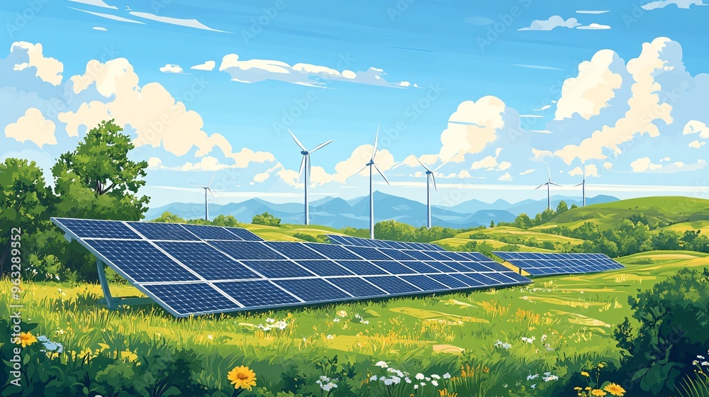 Aufkleber Large solar farm spread across the desert with wind turbines in the background generating clean energy Flat design Vector look Digital art Large space for text in center Stock Photo with copy space