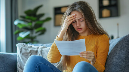upset and worried young woman reading a received letter