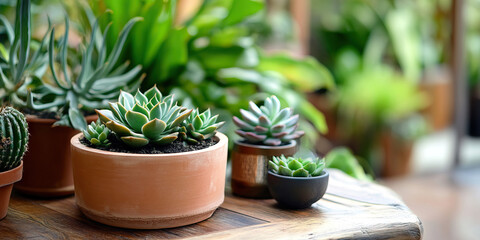Obraz premium Minimal Green Oasis: A small indoor garden with succulents in planters, surrounded by natural wood furniture.