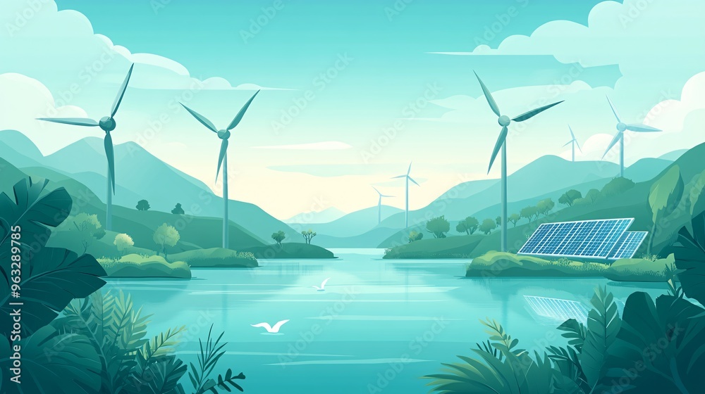 Poster Wind turbines and solar panels working together to produce clean energy in a wide open landscape Flat design Vector look Digital art Large space for text in center Stock Photo with copy space