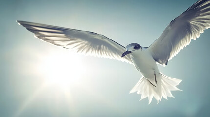 Seagull in flight against a blue sky with the sun shining behind it.  the seagull's wings are spread wide and it looks majestic.