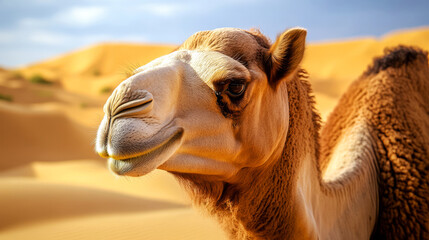 Close-Up Portrait Of A Camel In The Desert. The Camel'S Face Is In Focus, With The Desert Dunes Blurred In The Background.