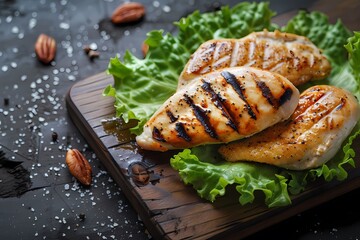 Grilled chicken breasts served on fresh lettuce with pecans and seasoning.