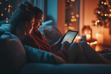Cozy evening indoors: two women relaxing with tablet by candlelight and festive lights