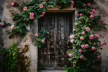 Fototapeta premium A rustic door adorned with blooming pink roses, creating a serene and vibrant ambiance.