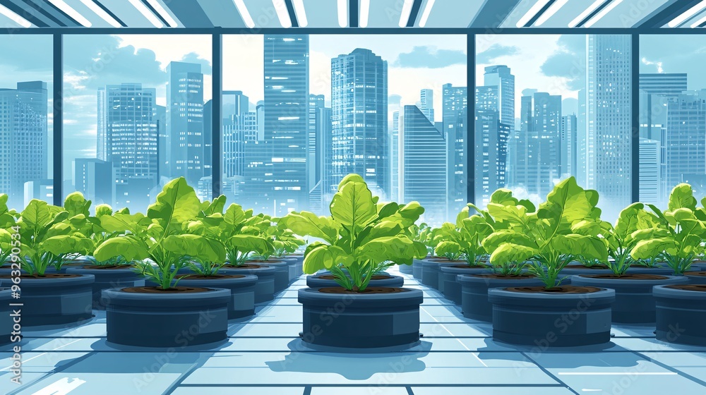 Aufkleber urban smart farming with automated watering system flat design vector look digital art large space f