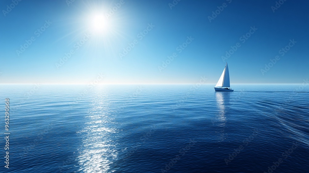Poster Solar-powered boat sailing through calm waters Flat design Vector look Digital art Large space for text in center Stock Photo with copy space
