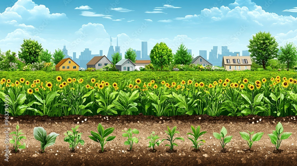 Poster Urban smart farming with automated watering system Flat design Vector look Digital art Large space for text in center Stock Photo with copy space