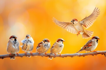 Fototapeta premium A group of sparrows perched on a branch with a vibrant autumn background.