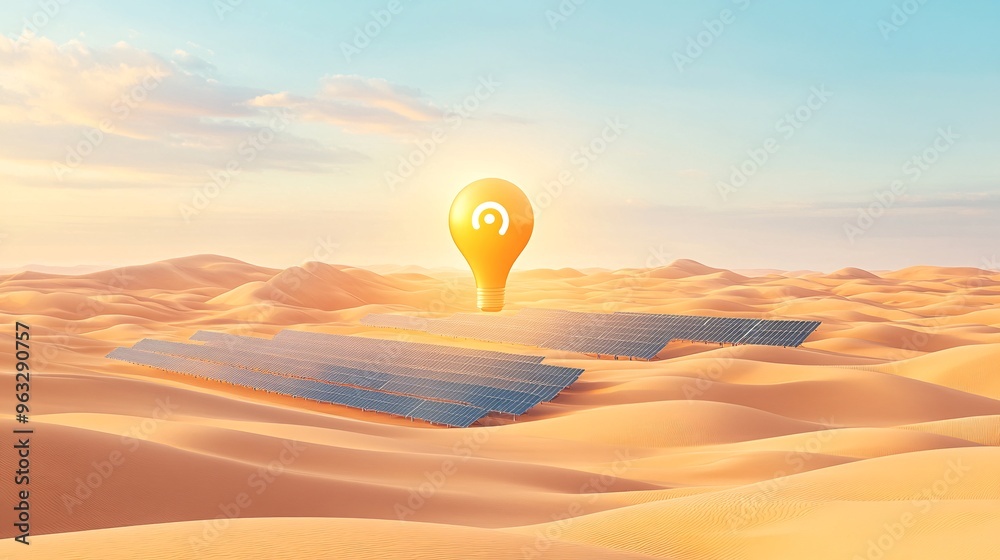 Poster solar panels in desert producing energy flat design vector look digital art large space for text in 