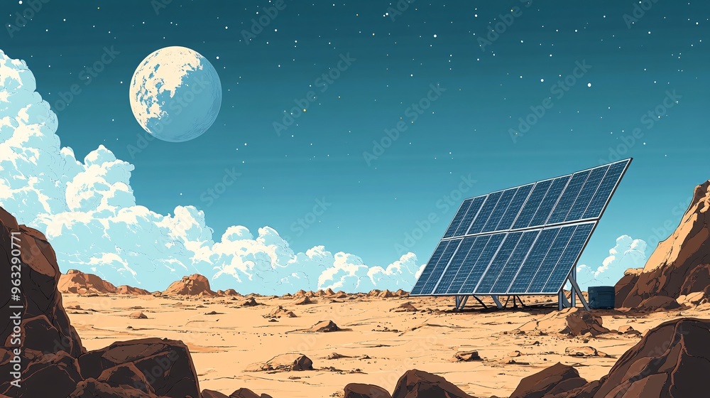 Leinwandbilder solar panels in desert producing energy flat design vector look digital art large space for text in 