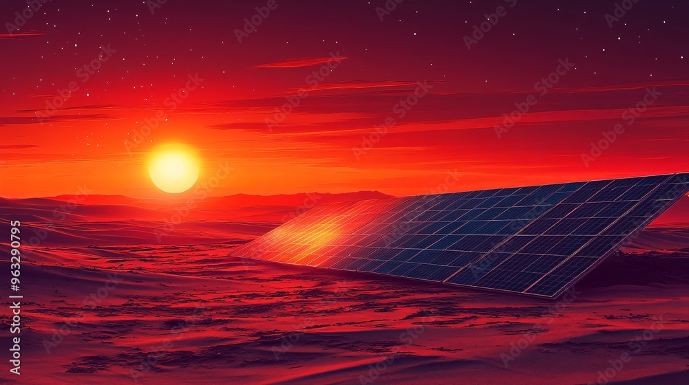 Poster Solar panels in desert producing energy Flat design Vector look Digital art Large space for text in center Stock Photo with copy space