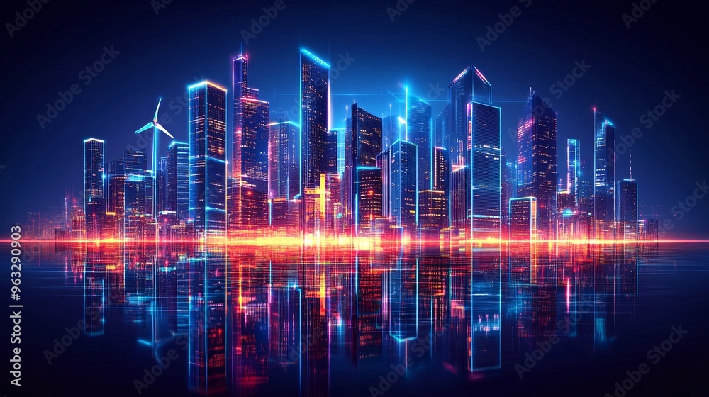 Aufkleber solar and wind energy working together to power city flat design vector look digital art large space