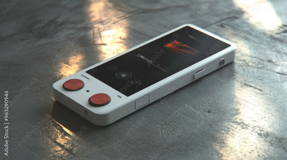 Poster Retro-Styled Portable Device with Red Buttons and a Display Showing an Orange Gradient