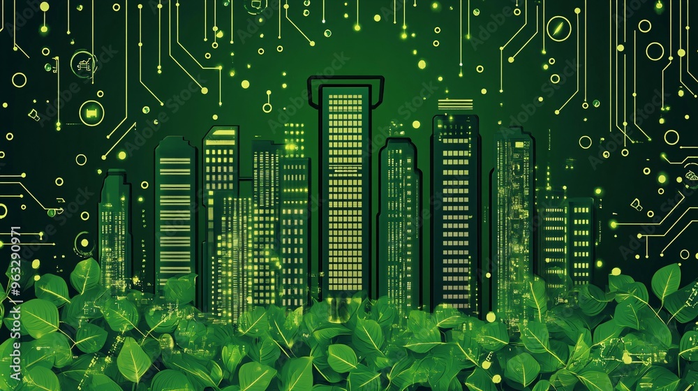 Poster Futuristic green building with energy-saving features Flat design Vector look Digital art Large space for text in center Stock Photo with copy space