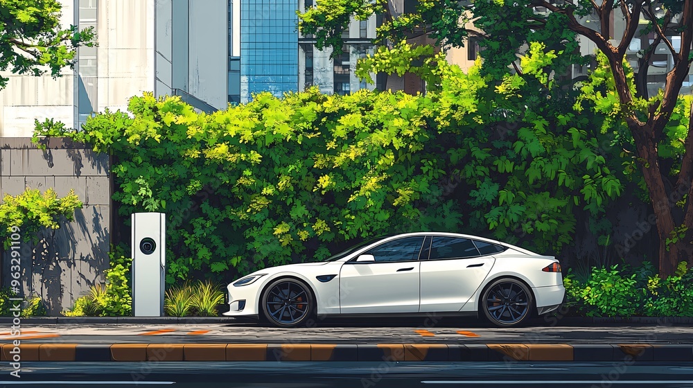 Poster electric vehicle charging at solar-powered station flat design vector look digital art large space f