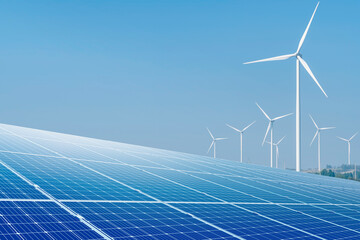 Solar panels with wind turbine on blue sky. innovations of clean energy. Energy supply,...
