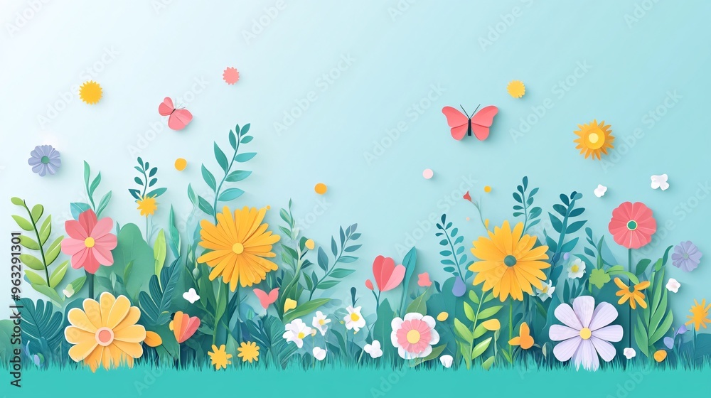 Poster Wind turbines creating renewable energy on sunny day Flat design Vector look Digital art Large space for text in center Stock Photo with copy space